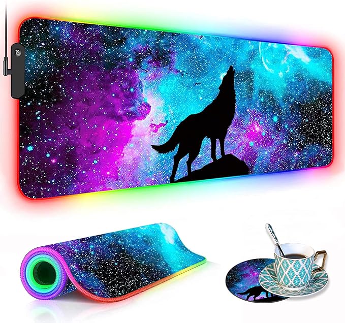 RGB Gaming Mouse Pad with Coffee Coaster XXL Large Glowing LED Mousepad Anti-Slip Rubber Base Computer Keyboard Desk Mouse Mat 31.5 X 11.8 Inch - Blue Galaxy Nebula Wolf