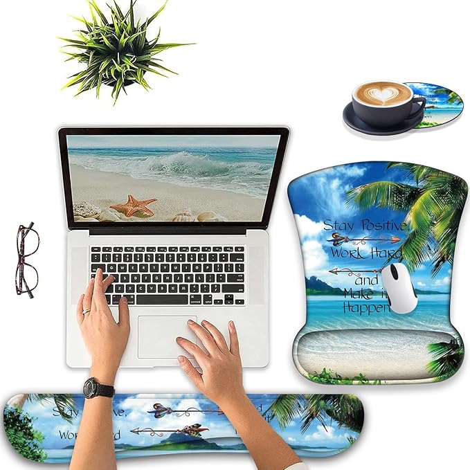 Keyboard Wrist Support + Wrist Mousepad + Coaster Combination Non-Slip PU Base with Gel Memory Mousepad Suitable for Gaming Office Pain Relief Mousepad Set - Shore Palms Tropical Beach