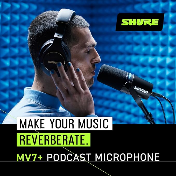 Shure MV7+ Podcast Dynamic Microphone – OBS Certified Enhanced Audio LED Panel USB-C &amp XLR Outputs Auto Level Mode Digital Pop Filter Reverb Effects – for Podcasting Streaming Recording B