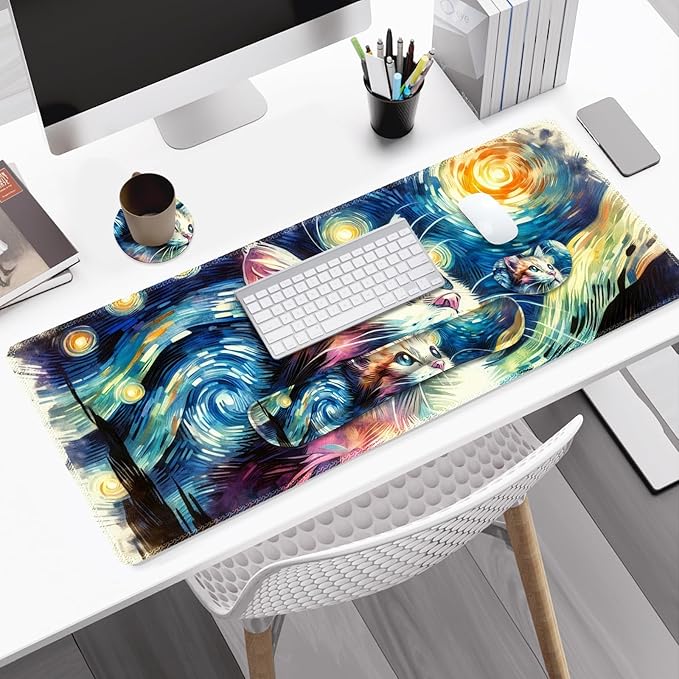 Large Gaming Mouse Pad Set 4 in 1 Ergonomics Keyboard Desk Mat Memory Foam Wrist Rest Computer PC Extended Game Mousepad Non-Slip Desk Matt Easy Typing Pain Relief I Starry Night Art Cat