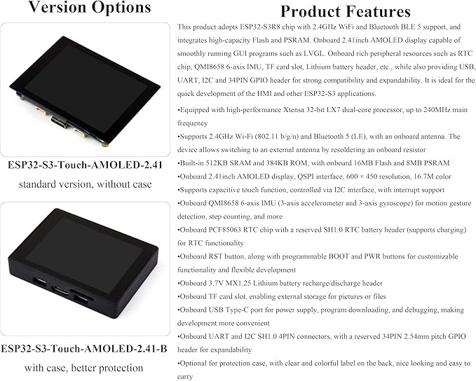 ESP32-S3 2.41inch AMOLED Touch Display Development Board 600x450 32-bit LX7 Dual-core Processor Onboard Accelerometer and Gyroscope Sensor ESP32 with Display (with Case Version)