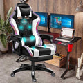 Massage Gaming Chair with Footrest and LED Lights Video Game Chair with Speakers Adjustable Height and Armrest PU Leather Ergonomic Office Computer Chair for Adults and TeensWhite