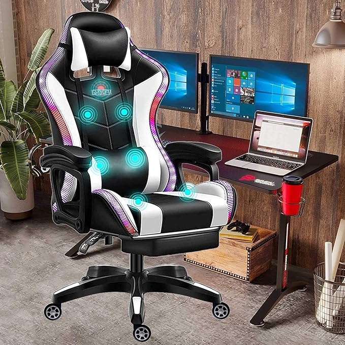 Massage Gaming Chair with Footrest and LED Lights Video Game Chair with Speakers Adjustable Height and Armrest PU Leather Ergonomic Office Computer Chair for Adults and TeensWhite