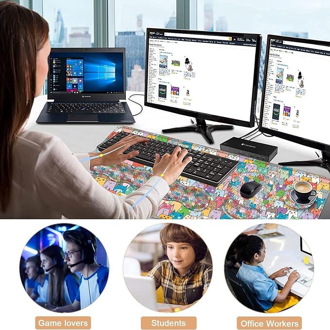 Mouse PadLarge Pink Desk Mat 4in1 XXL Mousepad + Keyboard Wrist Rest+Mouse Wrist Rest+Coaster Set with Ergonomic Desk Pad for Home Office Table Computer-Colorful Cats