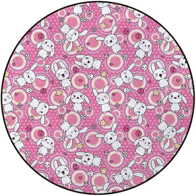White Pink Office Chair Mat Rabbits Funky Animals Bunnies Kids Humor Print Non Slip Round Floor Mat for Hardwood Floor and Protector for Rolling Chair Anime Diameter 48 in