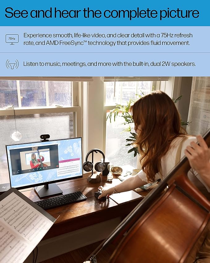HP M27ha FHD Monitor - Full HD Monitor (1920 x 1080p) - IPS Panel and Built-in Audio - VESA Compatible 27-inch Monitor for Comfortable Viewing with Height and Pivot Adjustment - (22H94AA#ABA)