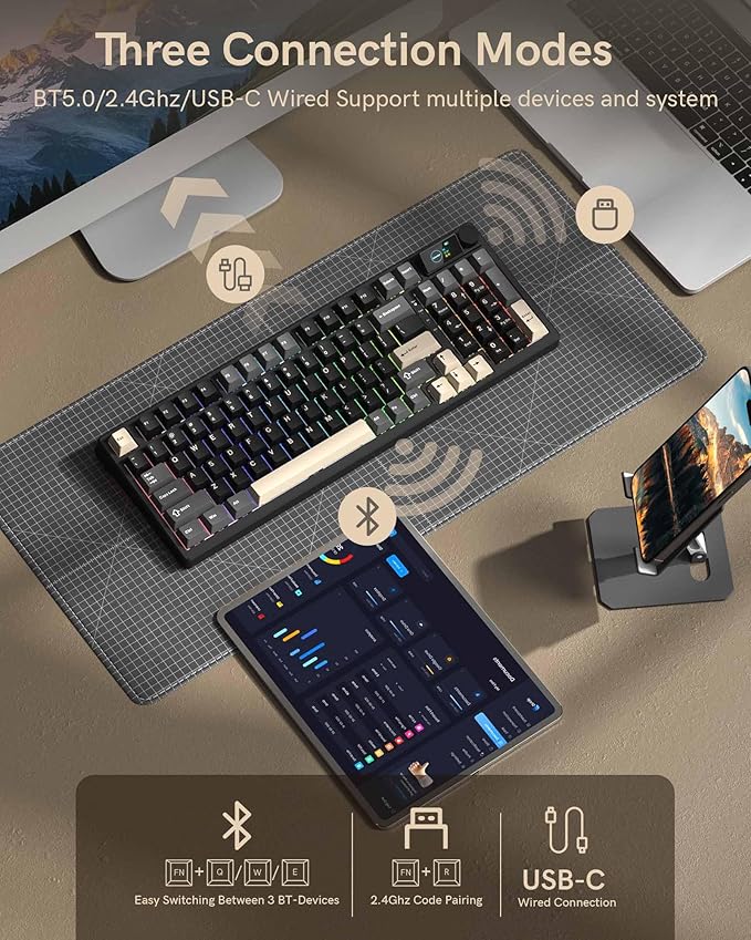 Keymatic M98 Wireless Mechanical Keyboard w/Screen &amp Knob 96% Gaming Keyboard BT/2.4G/USB-C Hot Swappable Custom Gaming Creamy Keyboardwith 8000mAh Battery