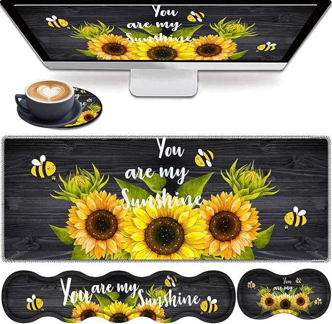 4 in 1 Mouse Pad Combo Large Gaming Mouse Pad + Keyboard Wrist Support + Mouse Wrist Rest + Coaster Table Pad with Stitched Edge Ergonomic Wrist Pad Set Sunflower You are My Sunshine
