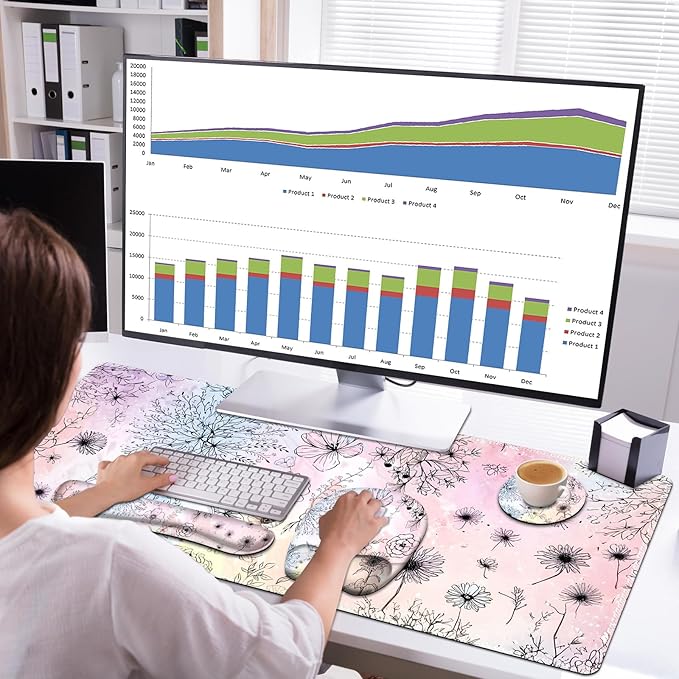 Large Mouse Pad Keyboard Wrist Rest Set Ergonomic Mouse Pad with Wrist Support Desk Mat with Stitched Edges Extended Desk Pad Waterproof Desk Mat for Home Office Game I Dandelion &amp Sunflower