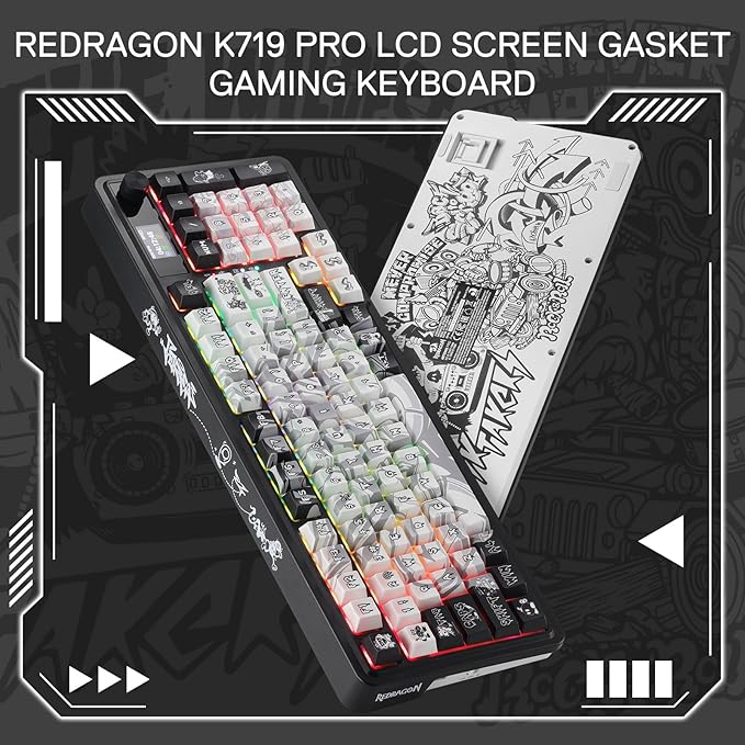 Redragon K719 PRO Wireless Gasket Gaming Keyboard w/Hype Screen &amp Knob 95 Keys Mechanical Keyboard Easy-Control 1.14’’ TFT Info Display 5-Layer Noise Dampening Street Graffiti Dye-Sub PBT Keyc