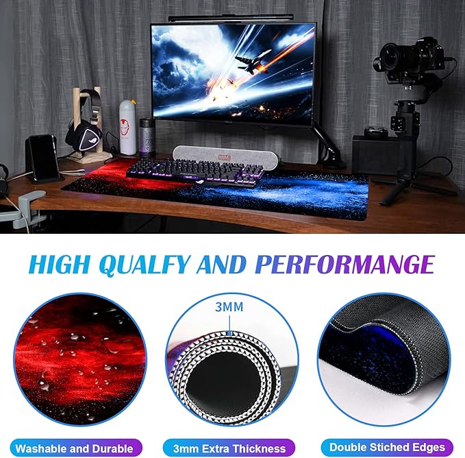 Large Extended Gaming Mouse Pad with Stitched Edges Non-Slip Waterproof Rubber Base Mouse Pad for Office Computer Keyboard Laptop and Home Desk Pad 35.4 x 15.7 x 0.12 Inch (Colorful Starry Sky)