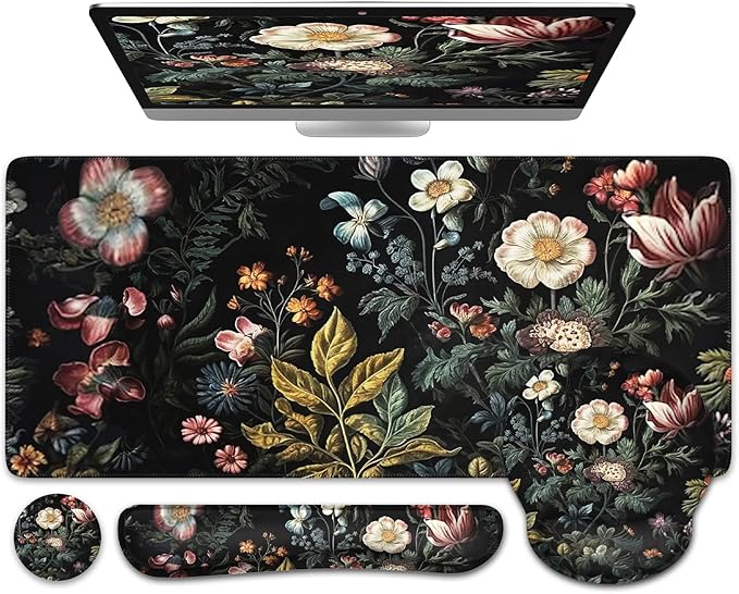 iCasso Desk Cover Mat 4in1 Floral Large Mouse Pad with Wrist Rest Desk Matt for Desktop Anti-Slip XXL Big Computer Ergonomic Mousepad with Wrist Support for Keyboard and Mouse (Elegant Flowers)