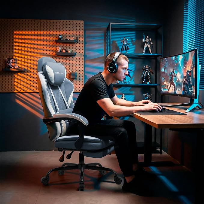 Misolant Gaming Chair Fabric Gamer Chair with footrest for Adults High Back Ergonomic Computer Game Chair with Adjustable Headrest and Massage Lumbar Support 90-155° Recline Free Blue