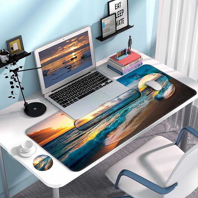 Desk Mat Set + Keyboard and Mouse Pad with Wrist Rest Support4-in-1 Large Mousepad Computer Mats for Desktop Home &amp Office-Sunset Sea