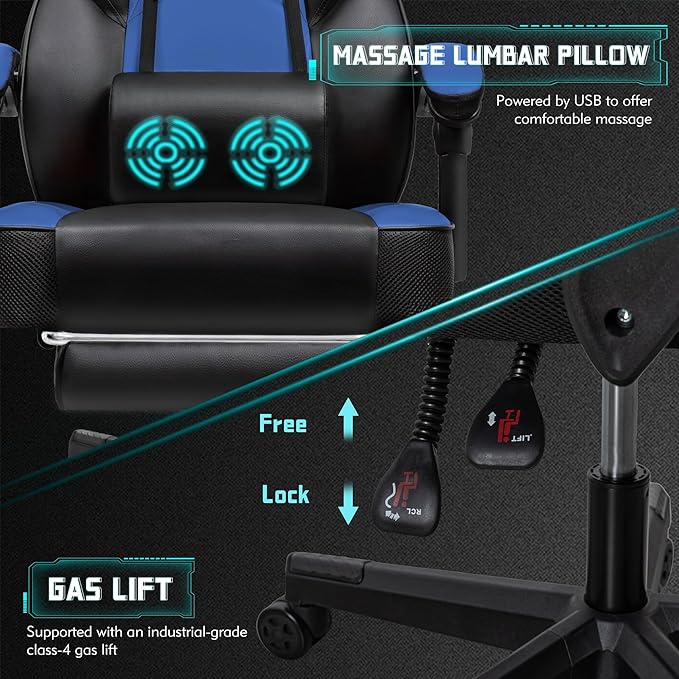 Vongrasig Ergonomic Gaming Chair for Adults PU Leather Office Seat with Head &amp Foot Rests (Blue)
