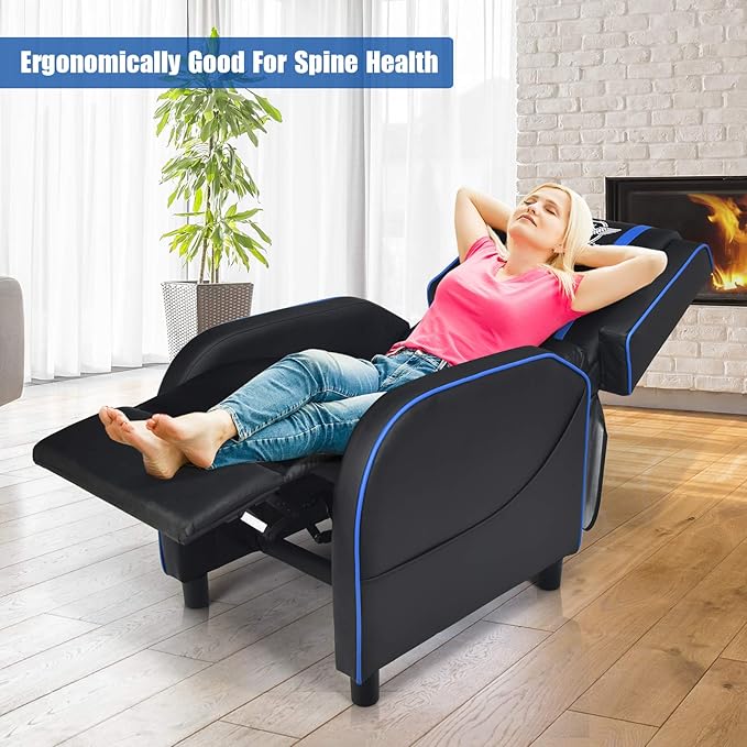 POWERSTONE Gaming Recliner Chair Reclining Gaming Chairs for Adults Ergonomic Leather Sofa with Footrest Lumbar Support Headrest and Side Pouch for Living Room Home Theater Blue