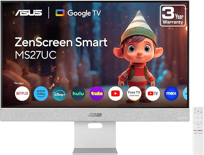 ASUS ZenScreen 27” 4K USB-C Smart Monitor (MS27UC) - UHD (3840 x 2160) IPS 99% sRGB GoogleTV Harman Kardon Speakers USB-C 90W PD USB Hub Wireless Display Netflix and YouTube 3 yr Warranty