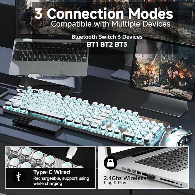 EWEADN TK950 Typewriter Mechanical Keyboard and Mouse 104 Keys Aesthetic Typewriter Keyboard Mouse Combo with Blue Backlit Anti-Ghosting Blue Switch Bluetooth/2.4GHz/Wired Cute Keyboards-White