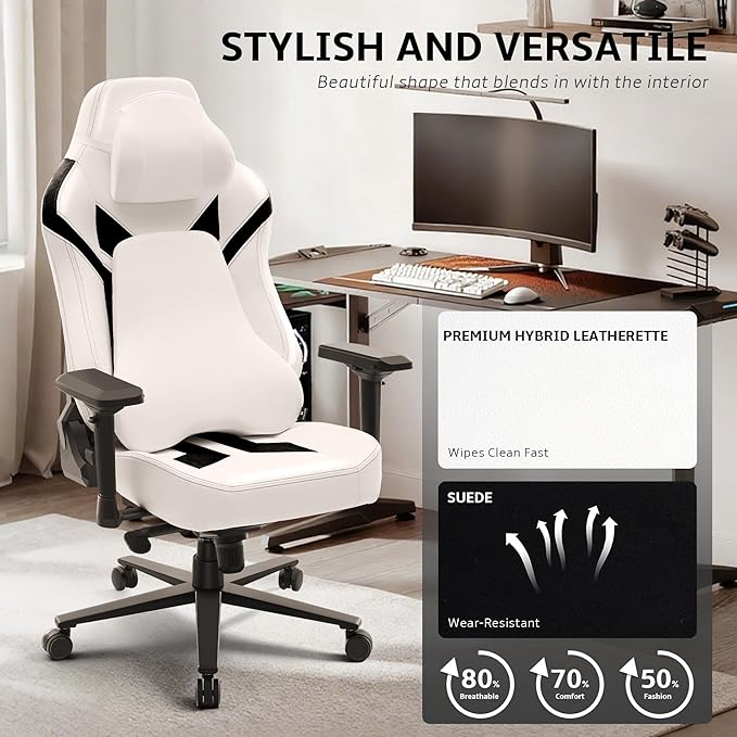 Ergonomic Gaming Chair Wyrdforging Computer Desk Chairs 4D Armrests High Back Office Chair With Headrest &amp Lumbar Pillow Tilt Rocker Recliner Heavy-Duty Base White PU Leather &amp Black Sue