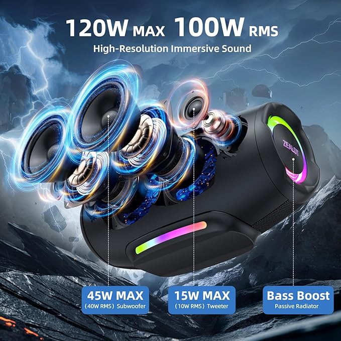 ZEALOT Bluetooth Speaker 120W MAX Loud Portable Outdoor Speaker Bluetooth with Bidirectional Fast Charging/LED Lights/IPX6 Waterproof/Power Indicator/EQ/TF/AUX
