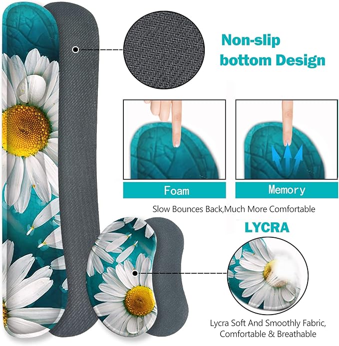 ARTSO Large Gaming Mouse Pad Set Keyboard Wrist Rest Support + Mouse Wrist Cushion + Extended Mousepad + Coaster 35x15.5in Multifunctional Desk Mat 4pcs Cute Daisy