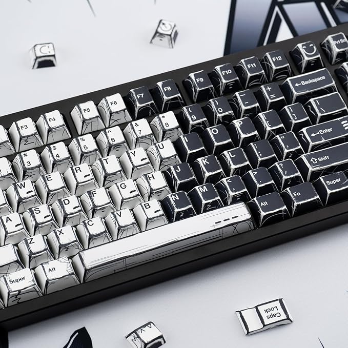 Black and White Manga Theme Keycaps 136 Keys Dye-Sublimation PBT Custom Keycap Set Cherry Profile Keyboard Keycaps for 60% 65% 70% 75% 100% Cherry Gateron MX Switches Mechanical Keyboard