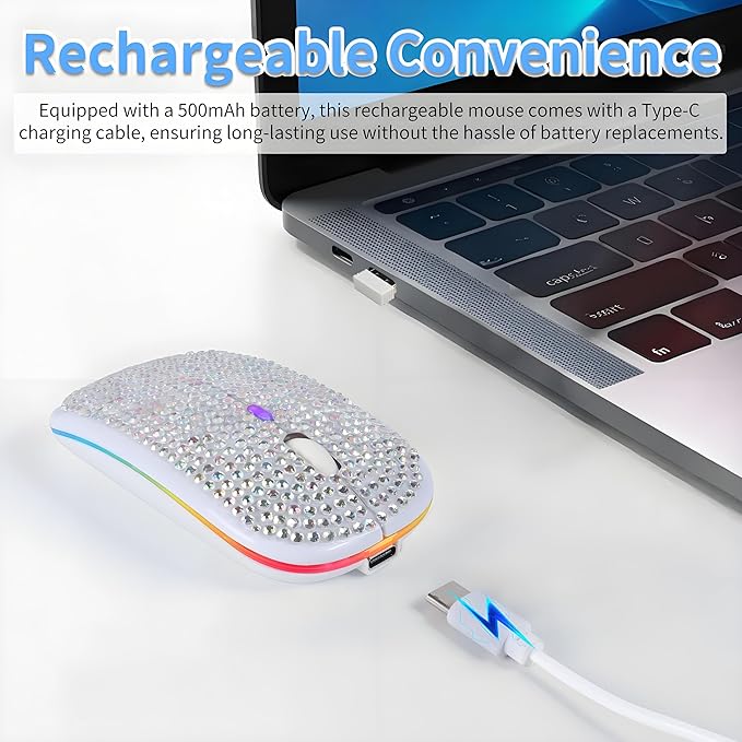 Rechargeable Bluetooth Wireless Mouse with Bling Crystal Rhinestones &amp 7-Color LED Lights - Silent Dual Mode Wireless Mouse for Laptops PCs and Macs - Perfect for Office Travel &amp Home Use (