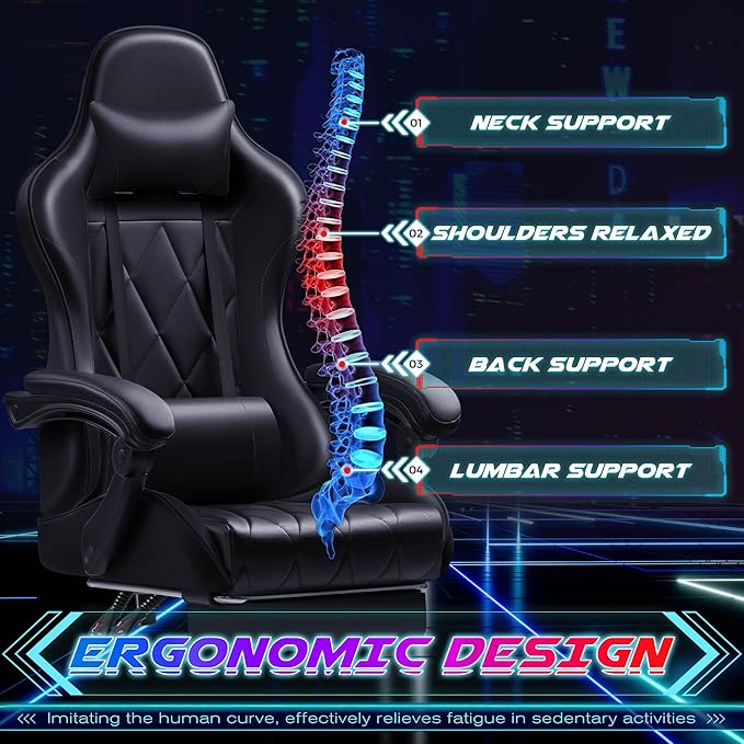 Shahoo Gaming Chair with Footrest and Massage Lumbar Support Ergonomic Computer Seat Height Adjustable with 360°Swivel and Headrest Black