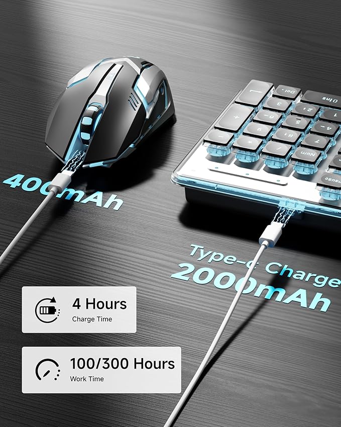 EWEADN V3 Wireless Keyboard and Mouse with Blue Backlit Metal Panel Bluetooth/2.4G Rechargeable Computer Keyboard and Mouse Combo Silent Lighted Full Size Cordless Keyboards-Black