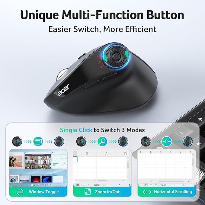 acer Ergonomic Mouse Wireless with Side Scroll Wheel Bluetooth Mouse for Laptop(BT5.2+2.4GHz) Office Vertical Computer Mice Small to Medium Sized Hands Ergo Mice 8 Buttons for PC and Desktop