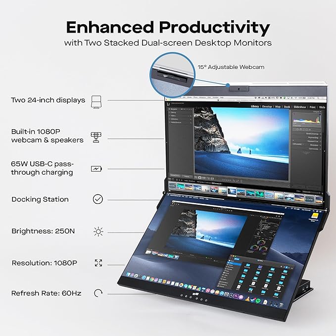 Mobile Pixels Geminos (2 x 24 inch) IPS Dual Stacked Computer Monitors with 65W USB-C Charging 1080P Webcam&ampSpeakers All-Inclusive Workstation PC Monitor USB-A/USB-C/HDMI Ergo Design(2 Monitor