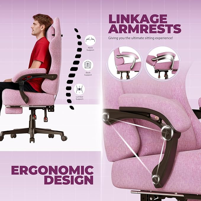 GTPLAYER Big and Tall Gaming Chair with Pocket Spring Cushion High Back Ergonomic Computer Chair with Footrest for Adults Lumbar Support Swivel Game Chair for Office Gaming 350LBS Fabric Pink