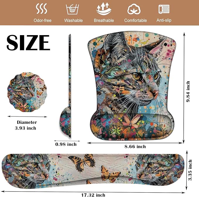 Keyboard Wrist Rest and Mouse Pad Wrist Support with Lace-Shaped Coaster Set Ergonomic Gel Memory Foam and Anti-Slip Base Easy Typing and Pain Relief - Kitty