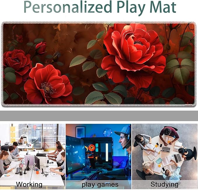 Large Gaming Mouse Pad + Keyboard Wrist Rest + Wrist Support + Coaster Set Memory Foam Ergonomic for Easy Typing XXL Extended Gaming Mouse Pad Table Pad - Red Rose
