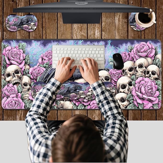 Ergonomic Keyboard Wrist Rest &amp Mouse Pad Wrist Rest SetXL Gaming Desk Mat 31.5x 11.8Non-Slip BaseMemory FoamEasy Typing Pain Relief for Office &amp HomeDragon with Roses Skulls