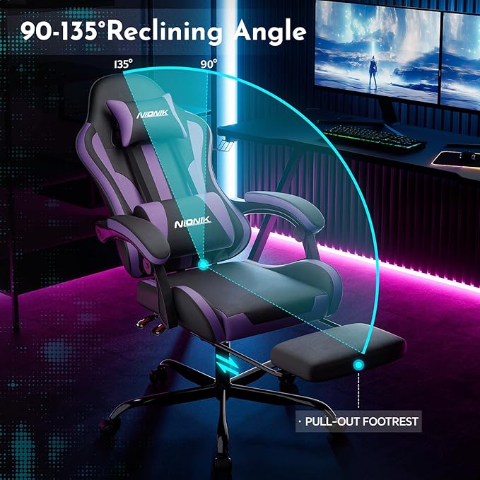 Gaming Chair Ergonomic Computer Chair with Footrest and Lumbar Support Height Adjustable Game Chair with 360°-Swivel Seat and Headrest and for Office or Gaming BLACKPURPLE