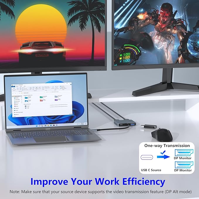 DisplayPort Splitter for Dual Monitors 4K@60Hz USB-C to DisplayPort Adapter Type-C Docking Station for Dell/HP/Mac Display Port MST Hub with USB3.0/PD Display Port Splitter for Dual Monitors