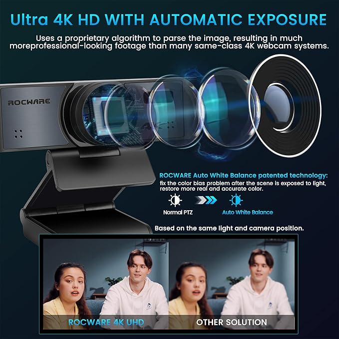 ROCWARE 4K Webcam with Remote RC16 Computer Camera with Microphone1080p 60fps FHDAI TrackingPrivacy Cover WDR110°FOV8X Digital ZoomStreaming Camera for PC/Meeting/Teaching/Zoom