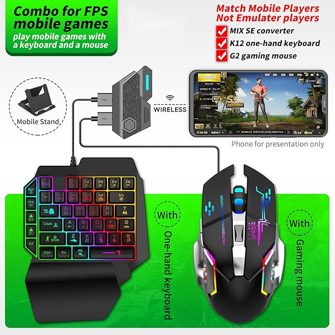 One Handed Gaming Keyboard and Mouse Combo RGB Rainbow Backlit 35 Keys Half Hand Gaming Keyboard and Mouse Set with Wrist Rest Support and Converter for