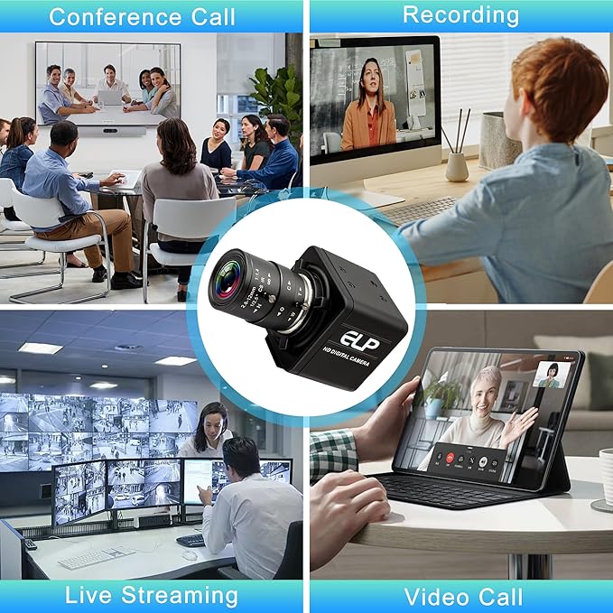 Global Shutter USB Camera Manual Focus Webcam High Speed 5mp@50fps 1440P@60fps Industrial Video Camera with Zoom Lens 2.8-12mm CS Mount Variable Focus Close-up PC Camera UVC Web Camera for Computer