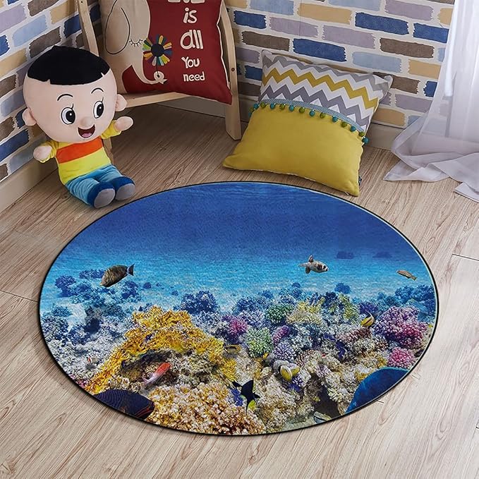 Turquoise Carpeted Floor Anti-Slip Floor Protector Gaming Computer Chair Mat for Office Gaming Underwater Sea World Scene with Goldfish Room Round Chair Mat Ocean Decor Diameter 48 in