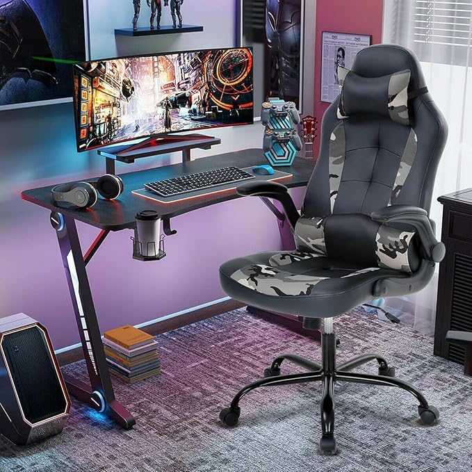 Big Tall Gaming Chair - Ergonomic Office Chair with Height Adjustable Tiltable Headrest Lumbar Support Wide Swivel Wheel for Adults Camo