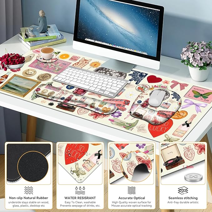 Beige Mouse Pad with Wrist Support 4 in1 Set XXL Big Game Mousepad + Keyboard Wrist Rest + Mouse Wrist Rest Pad +Coaster Gaming Mat for Home Office Work Computer I Cute Design Stickers