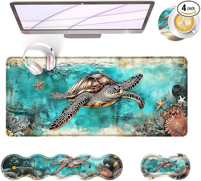 Large Keyboard Mouse Pad Set Extended Mouse Pad+Keyboard Wrist Rest Support Memory Foam Ergonomic Easy Typing 4Pcs (31.5×11.8 in) Desk Pad Set for Office HomeWatercolor Sea Turtle