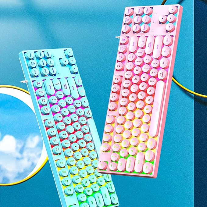 Yunseity 87 Keys Typewriter Mechanical Gaming Keyboard Colorful Backlit Retro Punk Round Keycaps Keyboard Anti Ghosting Hot Swap USB Wired Keyboards for Gamers Typists ()