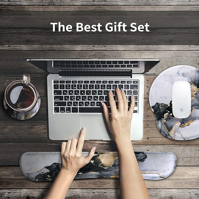 iCasso Desk Mat Gaming Mouse Pad Wrist Support Set4in1 XXL Large Mousepad + Keyboard Wrist Rest+Mouse Wrist Rest+Coaster Set with Ergonomic Design for Home Office Table Computer-Grey Ink Marble