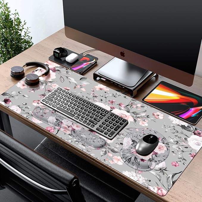 iCasso Large Mouse Pad Wrist Support Set 4in1 XXL Big Mousepad + Keyboard Wrist Rest + Mouse Wrist Rest + Coaster Set with Ergonomic Design Gaming Mat for Home Office Table Computer - Pink Floral