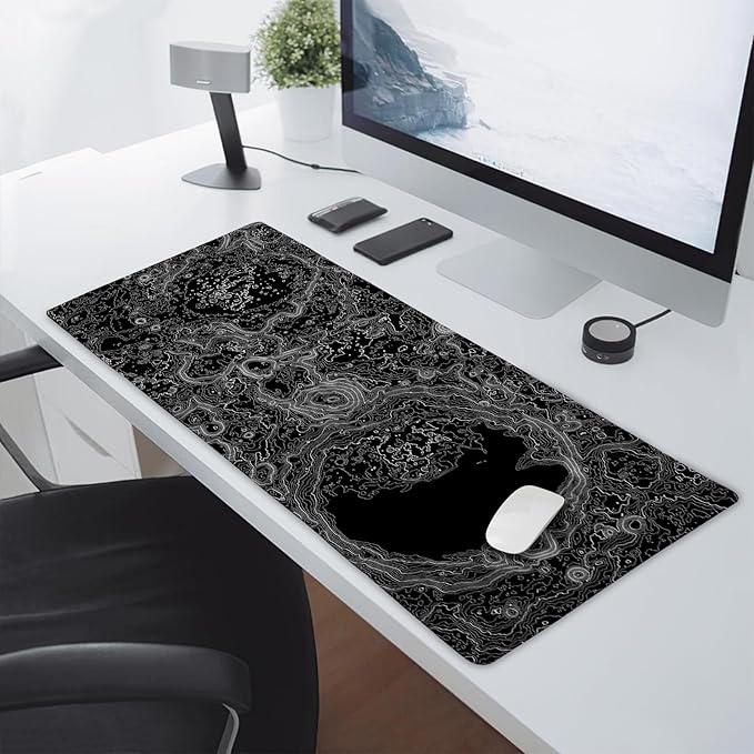 Black Whtie Topographic Gaming Mouse Pad 3XL Topo Moon Relief Map Extended Large Mat Mousepad Desk Pad Non-Slip Rubber Base Stitched Edge Long Mousepad for Desktop Office Desk 47.2x23.6 in120x60cm