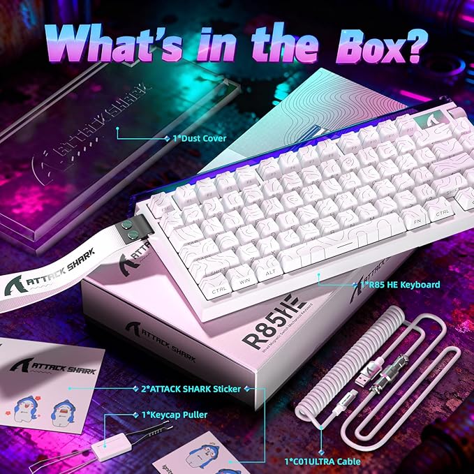 ATTACK SHARK R85 HE 75% Magnetic Wired Gaming Keyboard8KHz Polling Rate Rapid Trigger0.005mm RT Precision256K Scan RateCustom Hot-SwappableWeb Driver PC Keyboard for Gamer/Win/MacWhite Contour