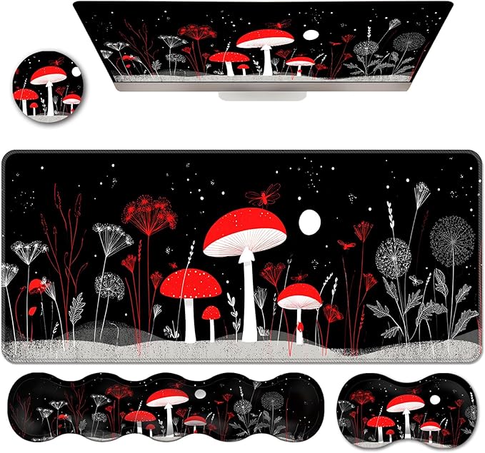 Ergonomic Keyboard Wrist Rest &amp Mouse Pad Wrist Rest SetXL Gaming Desk Mat 31.5x 11.8Non-Slip BaseMemory FoamEasy Typing Pain Relief for Office &amp HomeMagic Mushroom Garden